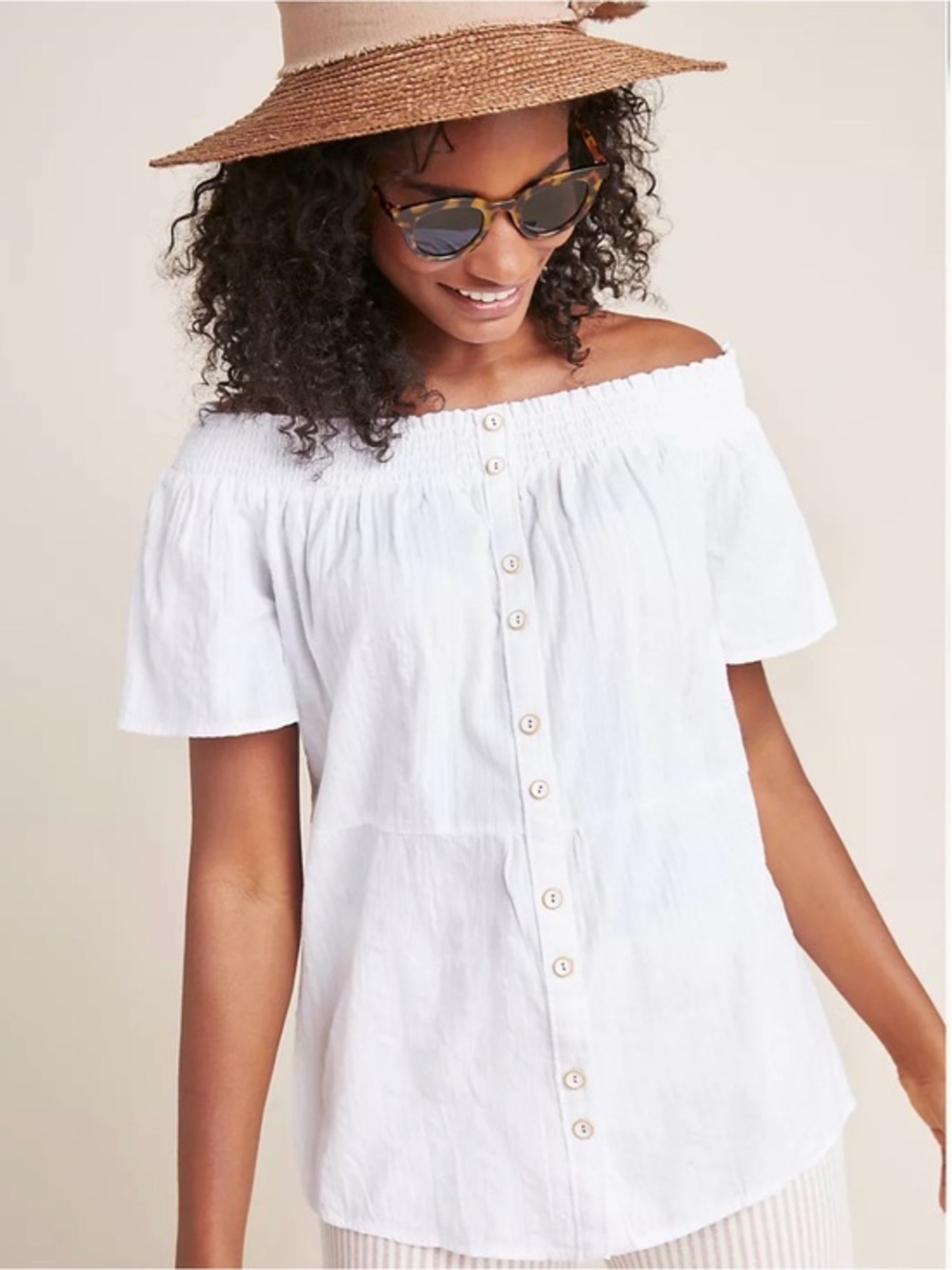 Anthropologie Lucille Off-The-Shoulder Blouse white smocked button front Small